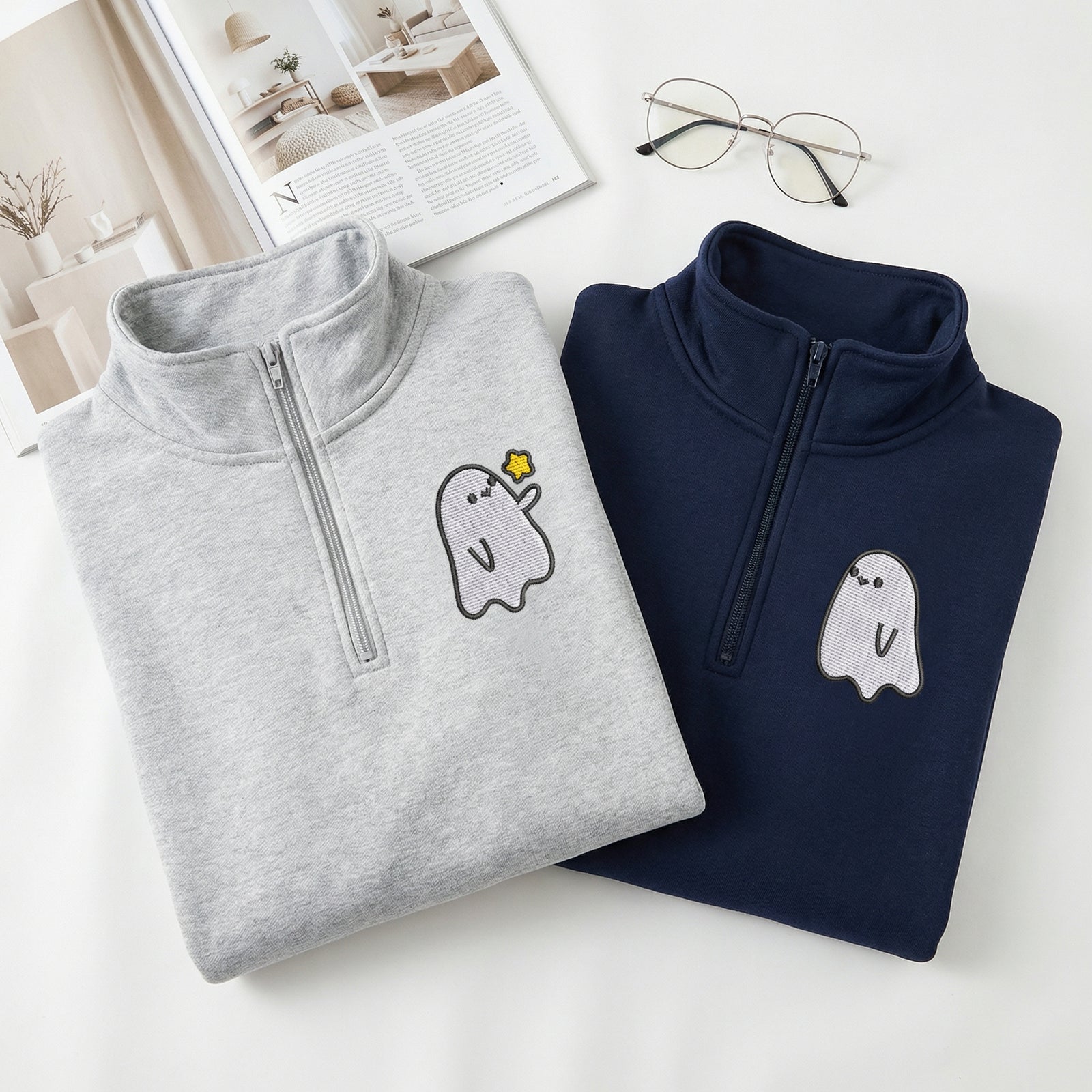 Custom Embroidered Halloween Quarter Zip Sweatshirts for Couples - Ghost Spooky Season Matching Full-Zip Hoodie