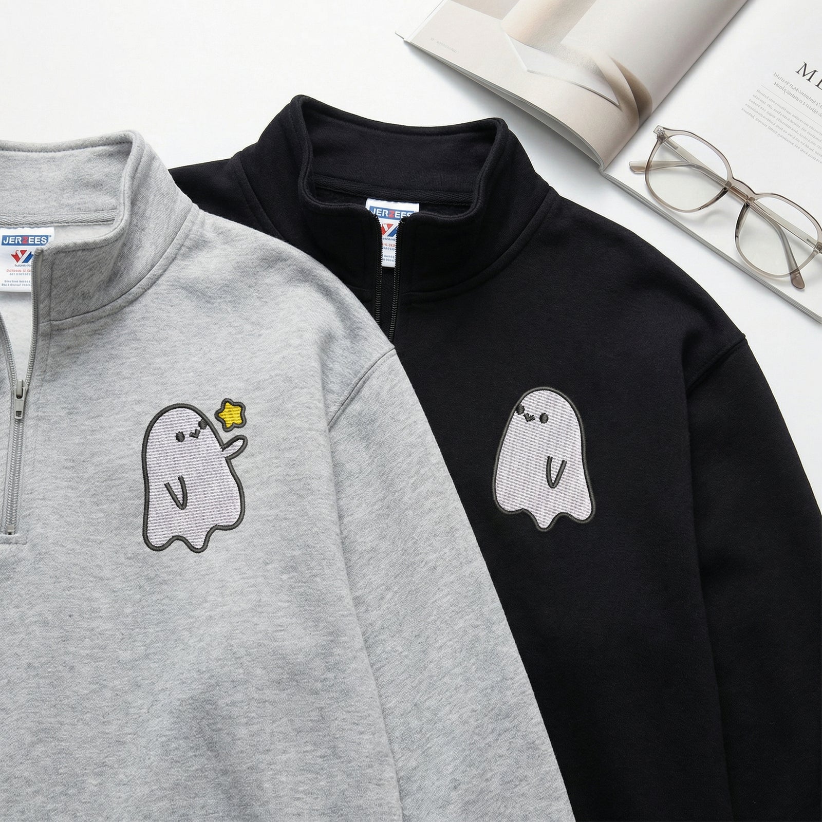 Custom Embroidered Halloween Quarter Zip Sweatshirts for Couples - Ghost Spooky Season Matching Full-Zip Hoodie