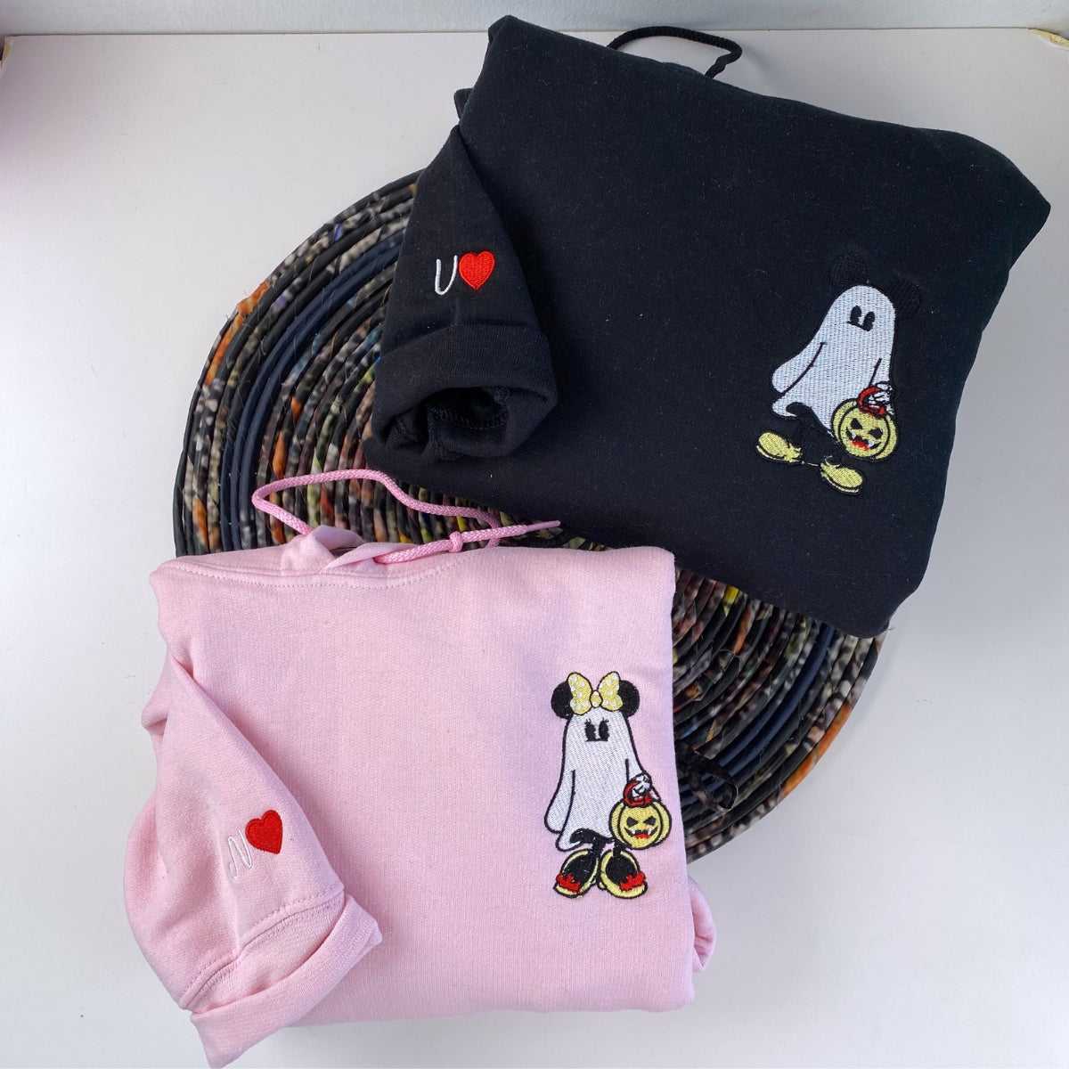 Custom Embroidered Halloween Sweatshirts For Couples, Custom Matching Couple Sweatshirt, Cartoon Ghost Mouse Couples Embroidered Sweater V4