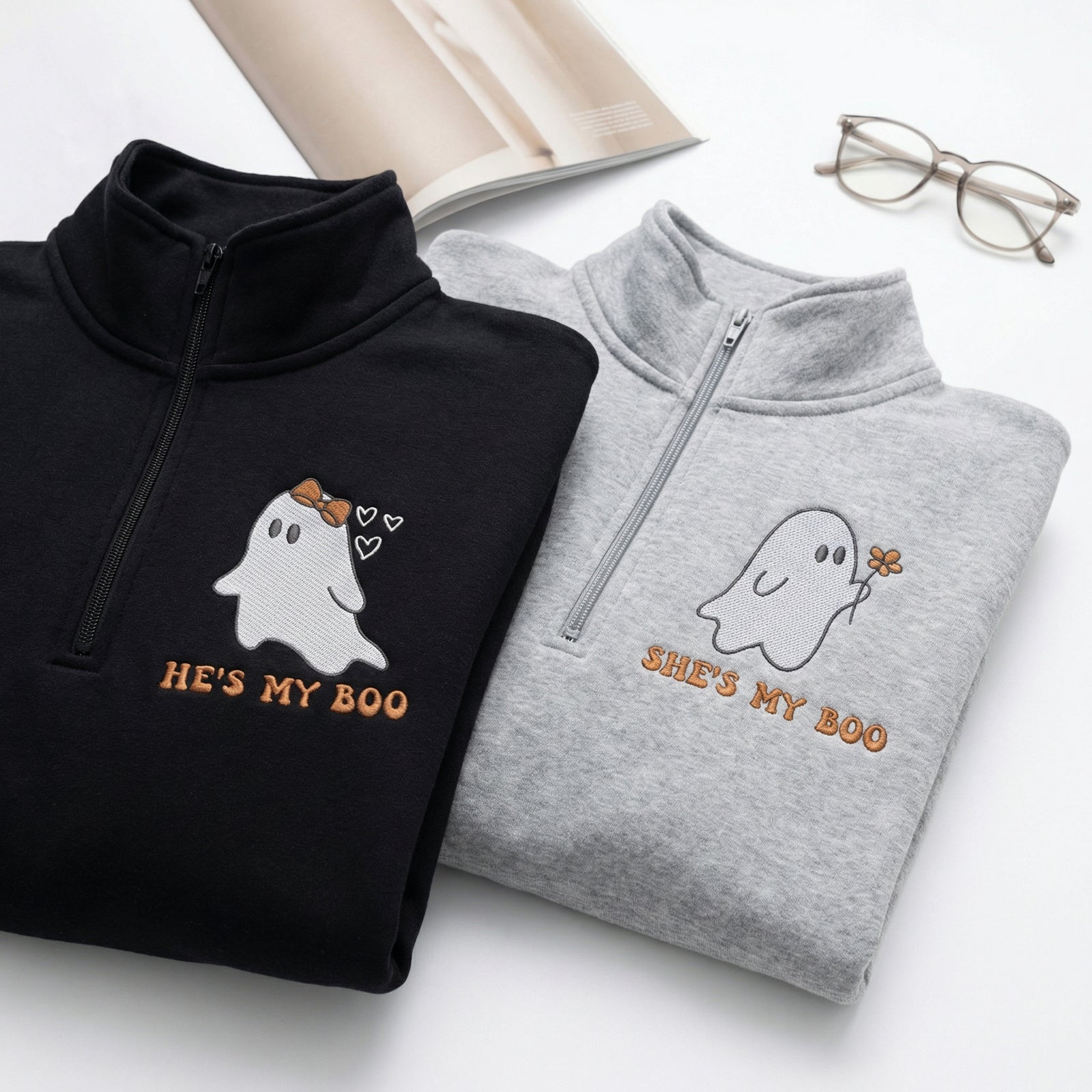 Custom Embroidered He's My Boo She's My Boo Halloween Quarter Zip Sweatshirts & Full-Zip Hoodie for Couples