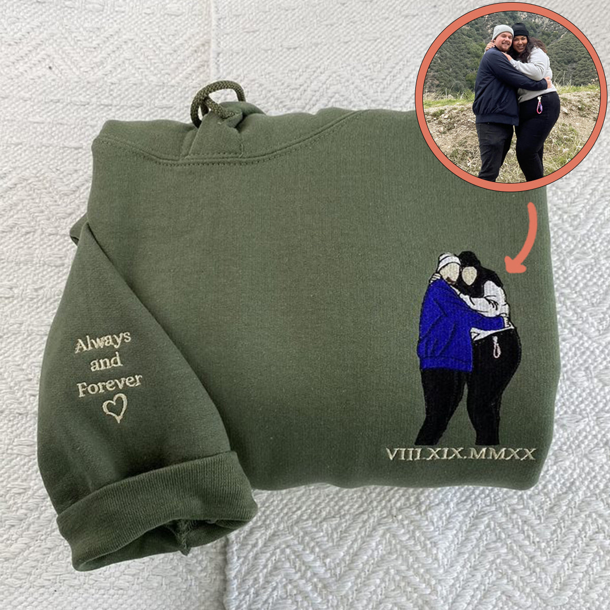 Custom Embroidered Hoodies For Couples, Custom Embroidered Portrait Photo Date On Sleeve Matching Couple Embroidered Hoodie