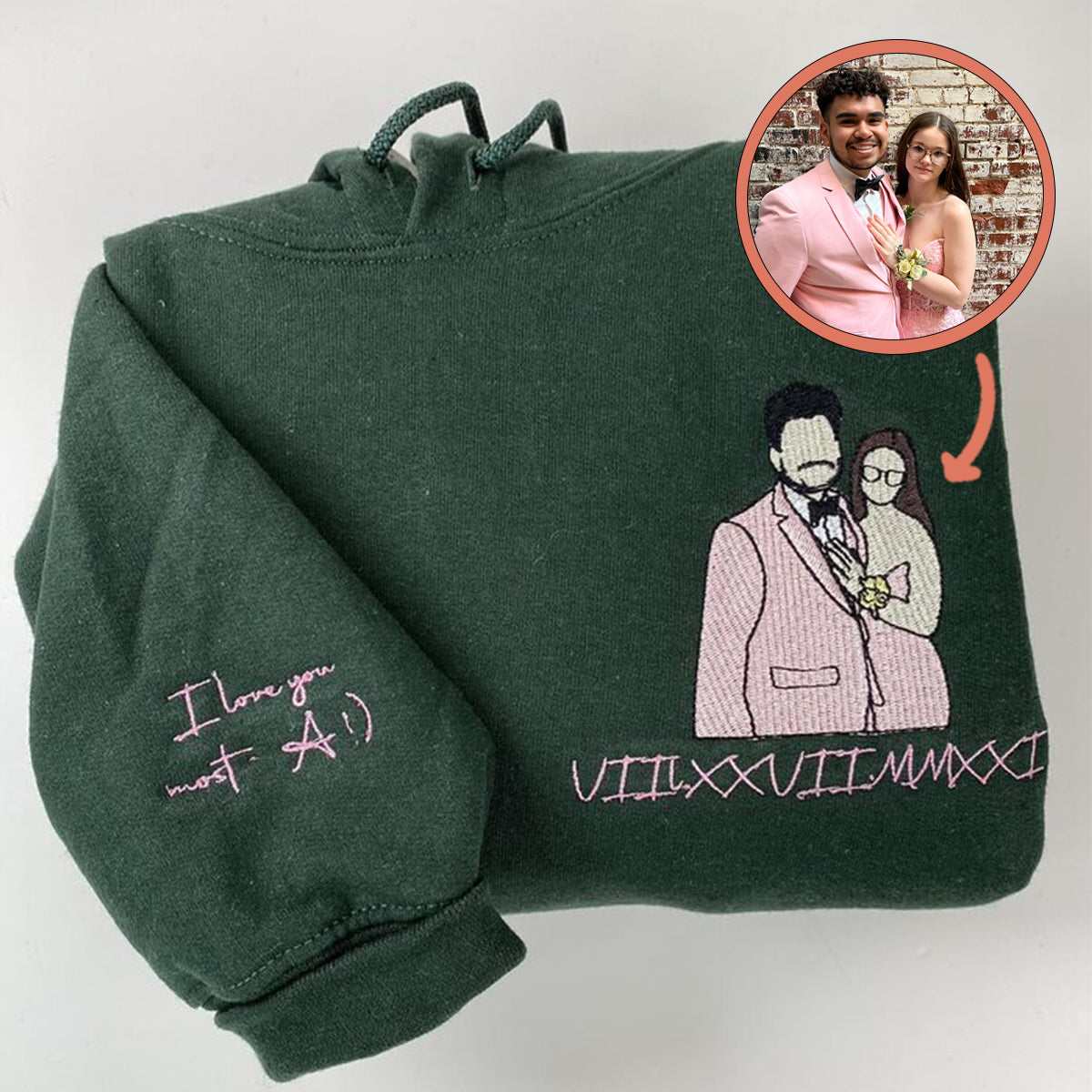 Custom Embroidered Hoodies For Couples, Custom Embroidered Portrait Photo Date On Sleeve Matching Couple Embroidered Hoodie