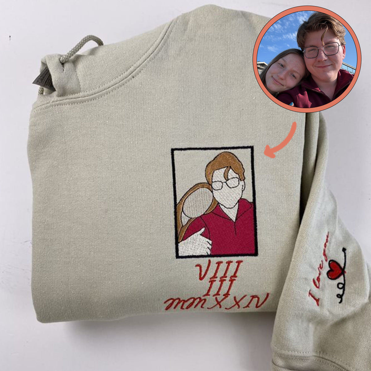 Custom Embroidered Hoodies For Couples, Custom Embroidered Portrait Photo Date On Sleeve Matching Couple Embroidered Hoodie