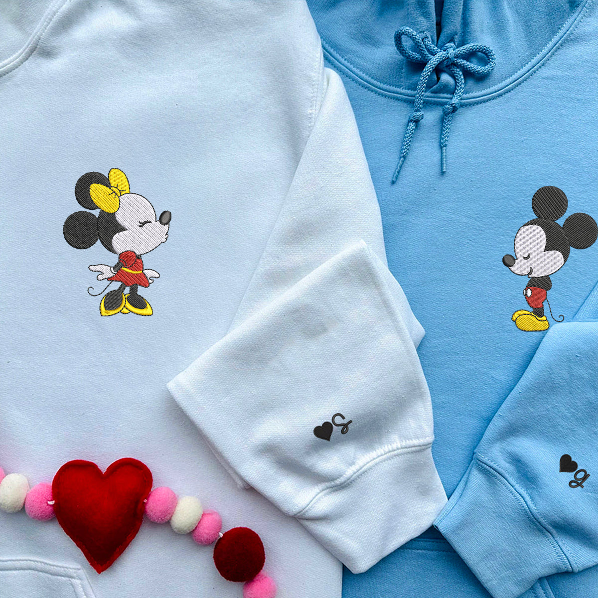 Custom Embroidered Hoodies For Couples, Custom Matching Couple Hoodie, Cartoon Mouse In Love Couples Embroidered Hoodie