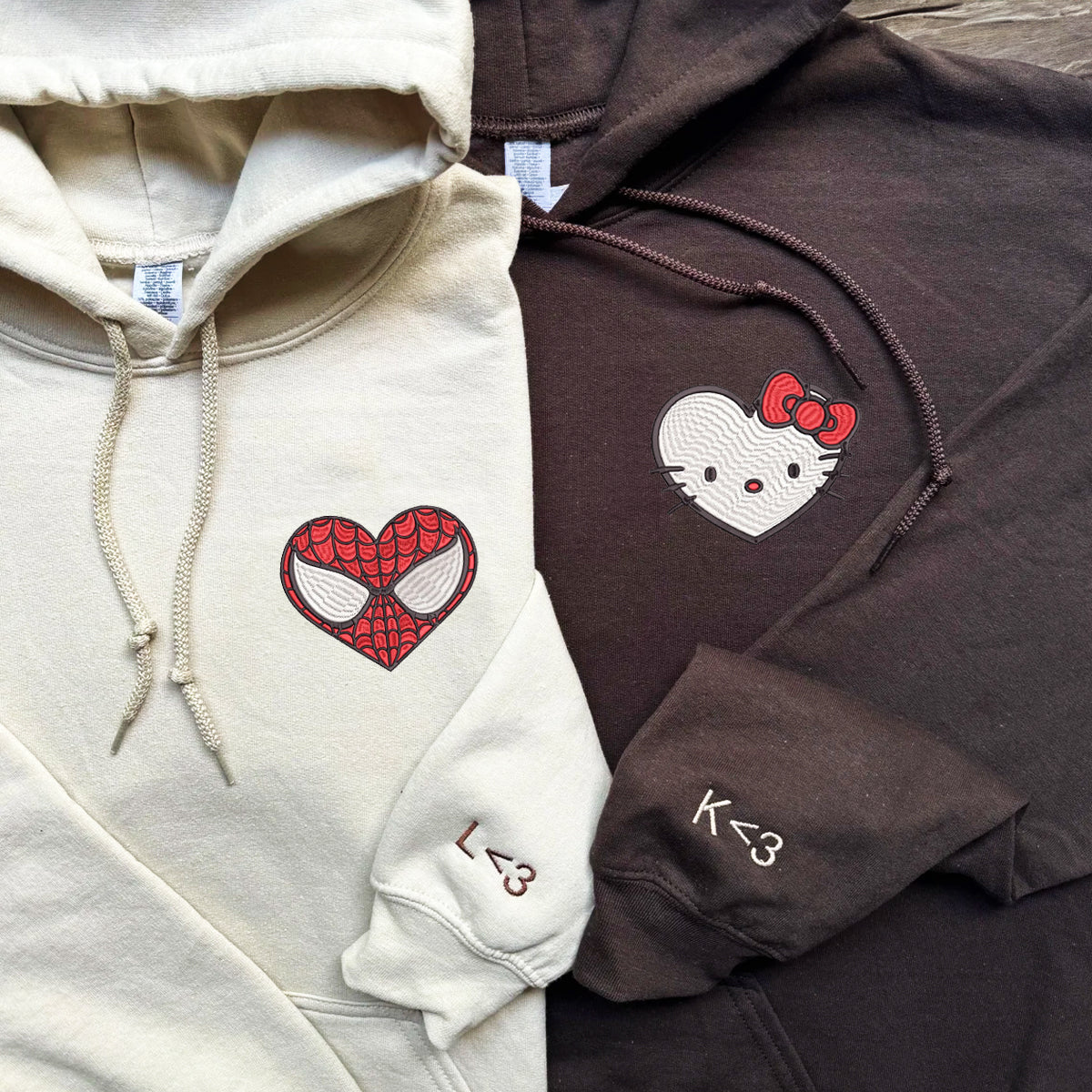 Custom Embroidered Hoodies For Couples, Custom Matching Couple Hoodie, Cartoon Spider x Cat Couples Embroidered Hoodie