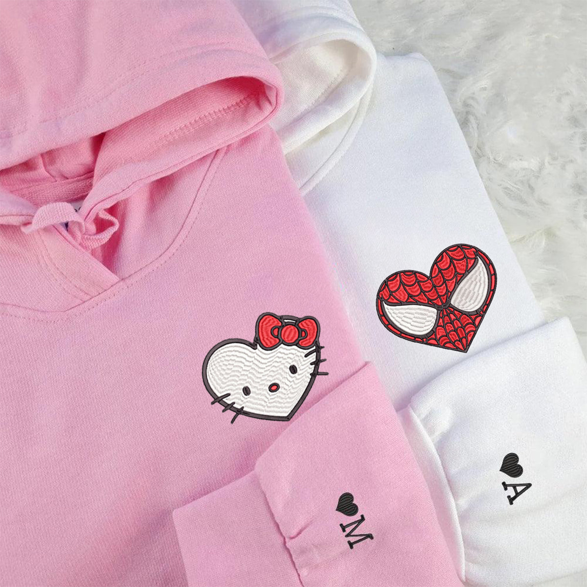 Custom Embroidered Hoodies For Couples, Custom Matching Couple Hoodie, Cartoon Spider x Cat Couples Embroidered Hoodie