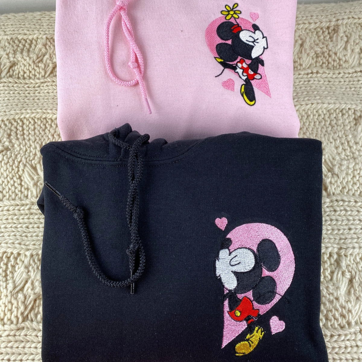 Custom Embroidered Hoodies For Couples, Custom Matching Couple Hoodie, Mouse Heart Cartoon Couples Embroidered Hoodie