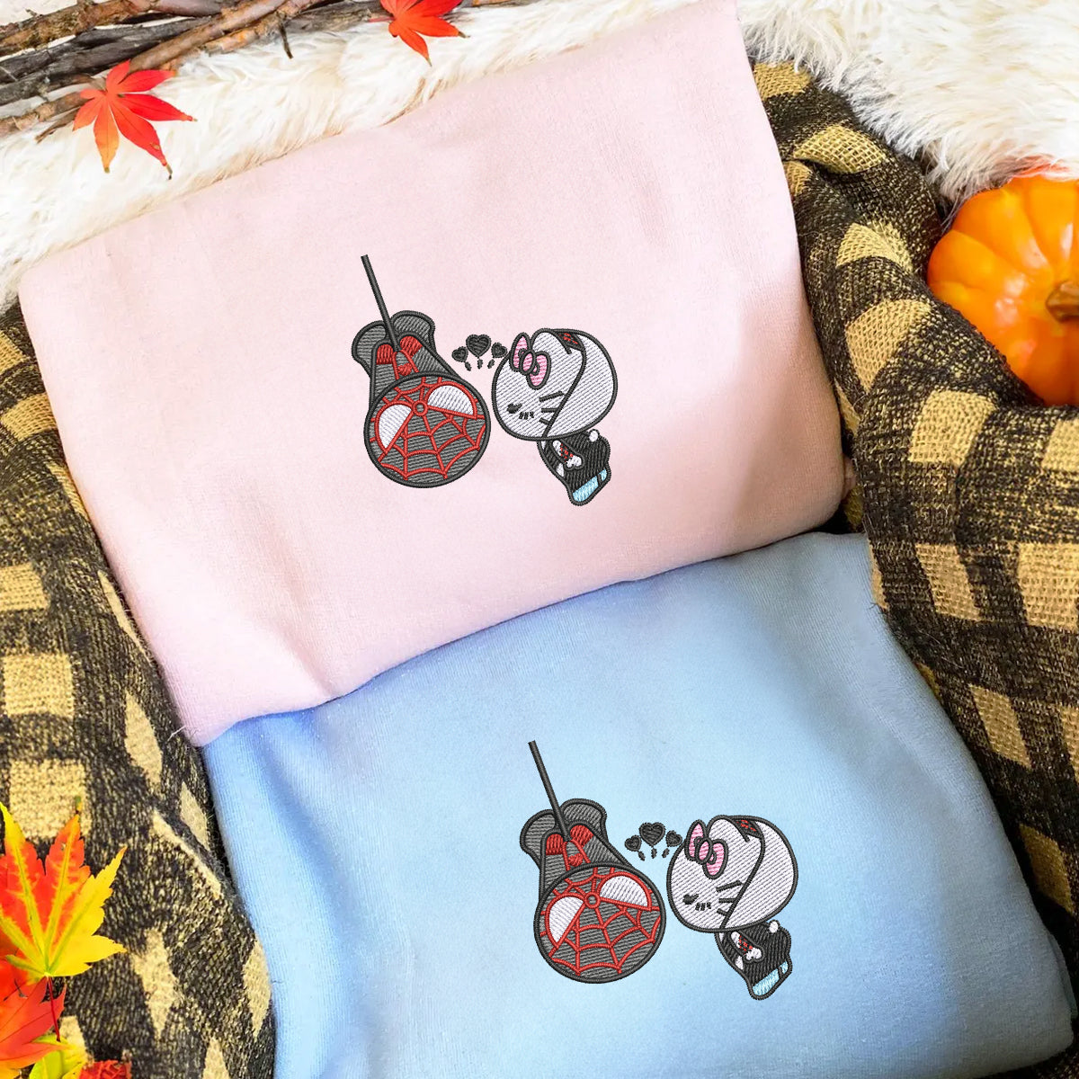 Custom Embroidered Hoodies For Couples, Custom Matching Couple Hoodie, Spider Miles x Kitten Gwen Couples Embroidered Hoodie V2