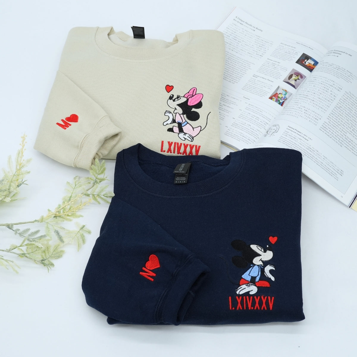 Custom Embroidered Hoodies For Couples, Custom Matching Couple Hoodies, Cartoon Mouse Heart Roman Numeral Date Embroidered Matching Couples Hoodie