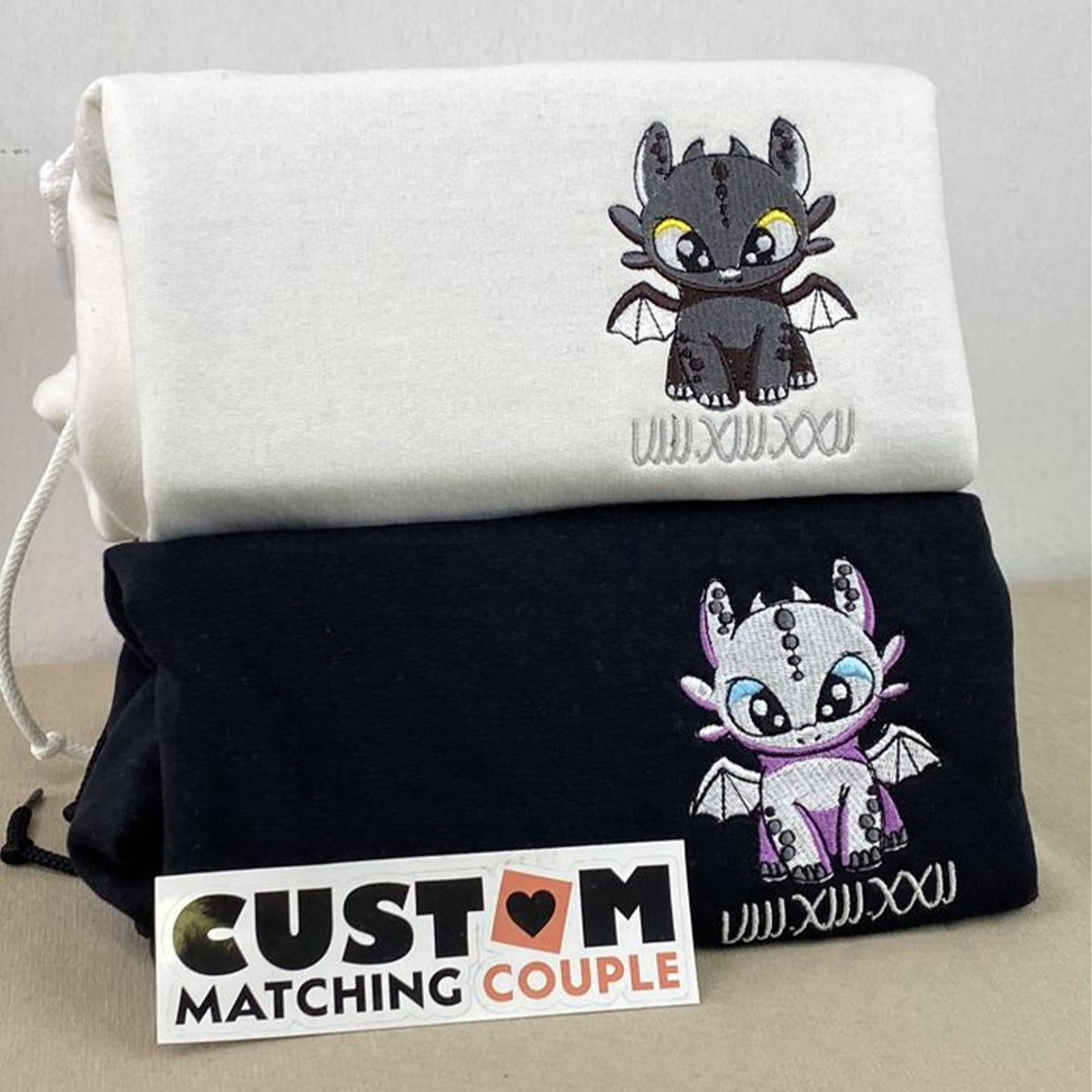 Custom Embroidered Sweatshirts For Couples, Matching Sweatshirts For Couples, Dragon's Lovely Characters Couples Embroidery Sweatshirt