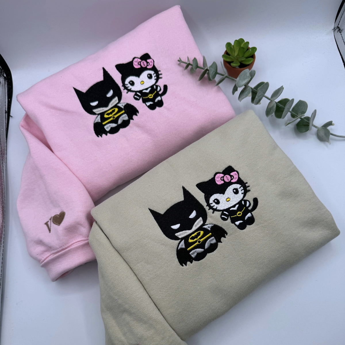 Custom Embroidered Sweatshirts For Couples, Custom Matching Couple Hoodies, Lovely Kitten Kiss Spider Chibi Embroidered Matching Couples Sweatshirt