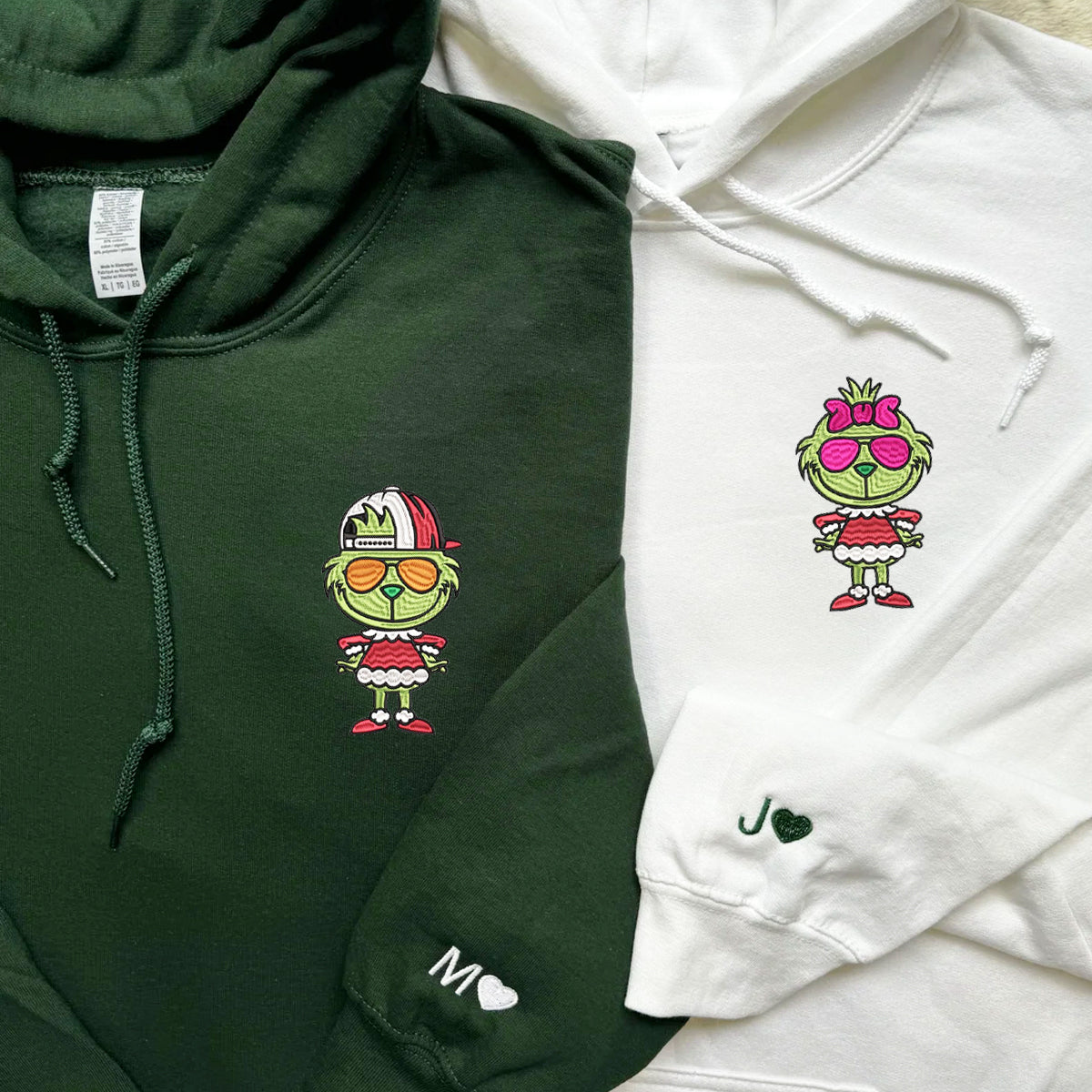 Custom Embroidered Hoodies For Couples, Cute Cartoon Green Christmas Couples Embroidered Hoodie