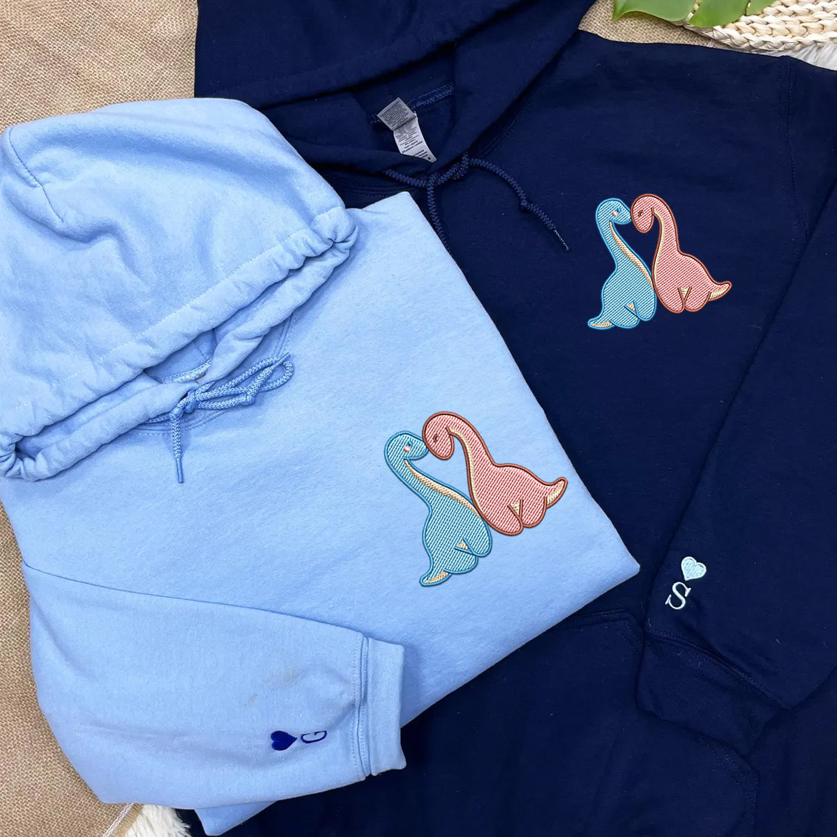 Custom Embroidered Hoodies For Couples, Cute Long Neck Dinosaurs Couples Embroidered Hoodie
