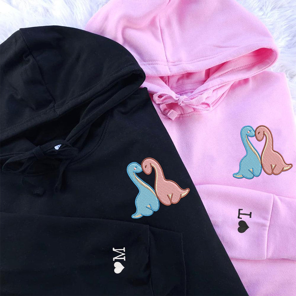 Custom Embroidered Hoodies For Couples, Cute Long Neck Dinosaurs Couples Embroidered Hoodie