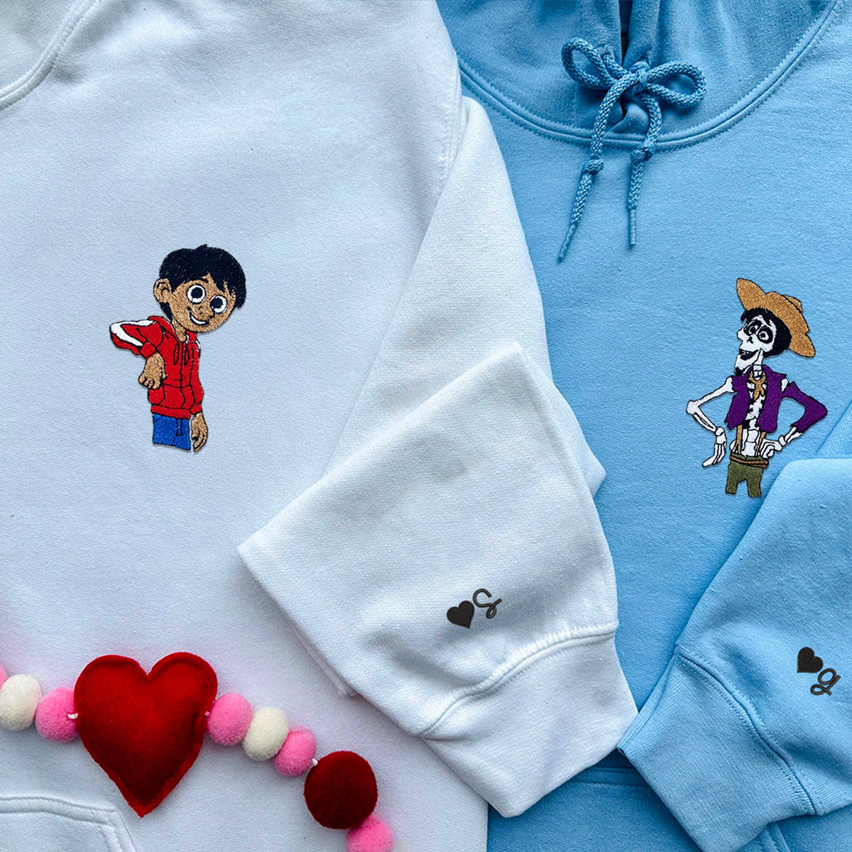 Custom Embroidered Hoodies & Sweatshirts for Couples, Cute Day of the Dead-Inspired Character Matching Set