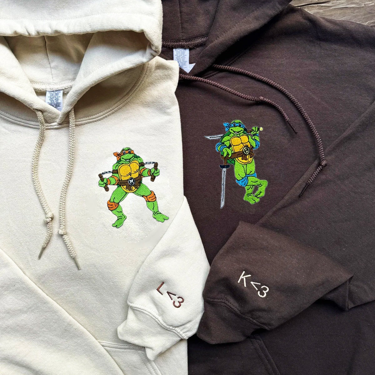 Custom Embroidered Hoodies & Sweatshirts for Couples, Cute Ninja-Inspired Turtle Matching Set