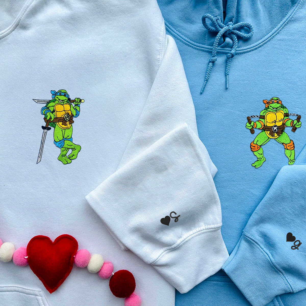 Custom Embroidered Hoodies & Sweatshirts for Couples, Cute Ninja-Inspired Turtle Matching Set