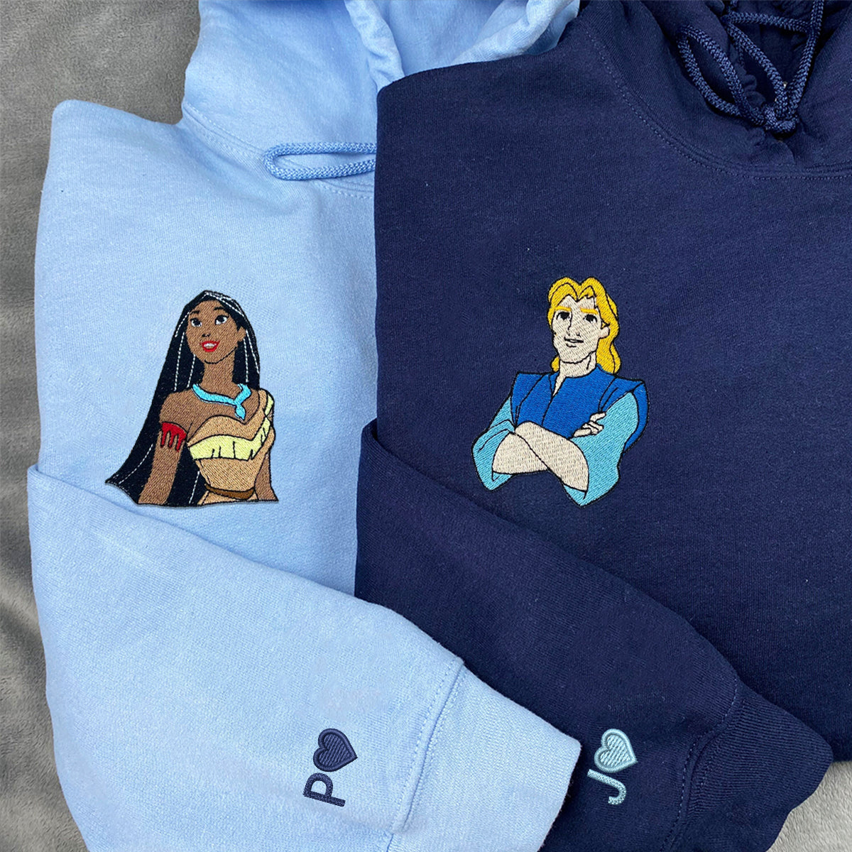 Custom Embroidered Hoodies & Sweatshirts for Couples with Initials, Adventure Couple Cartoon Matching Design