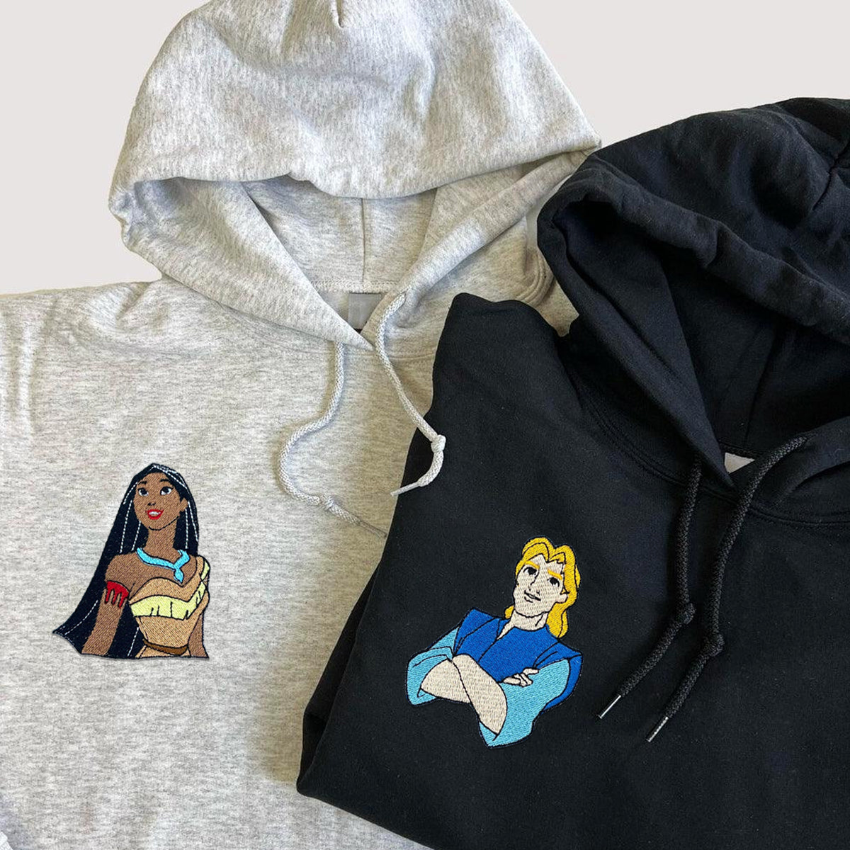 Custom Embroidered Hoodies & Sweatshirts for Couples with Initials, Adventure Couple Cartoon Matching Design