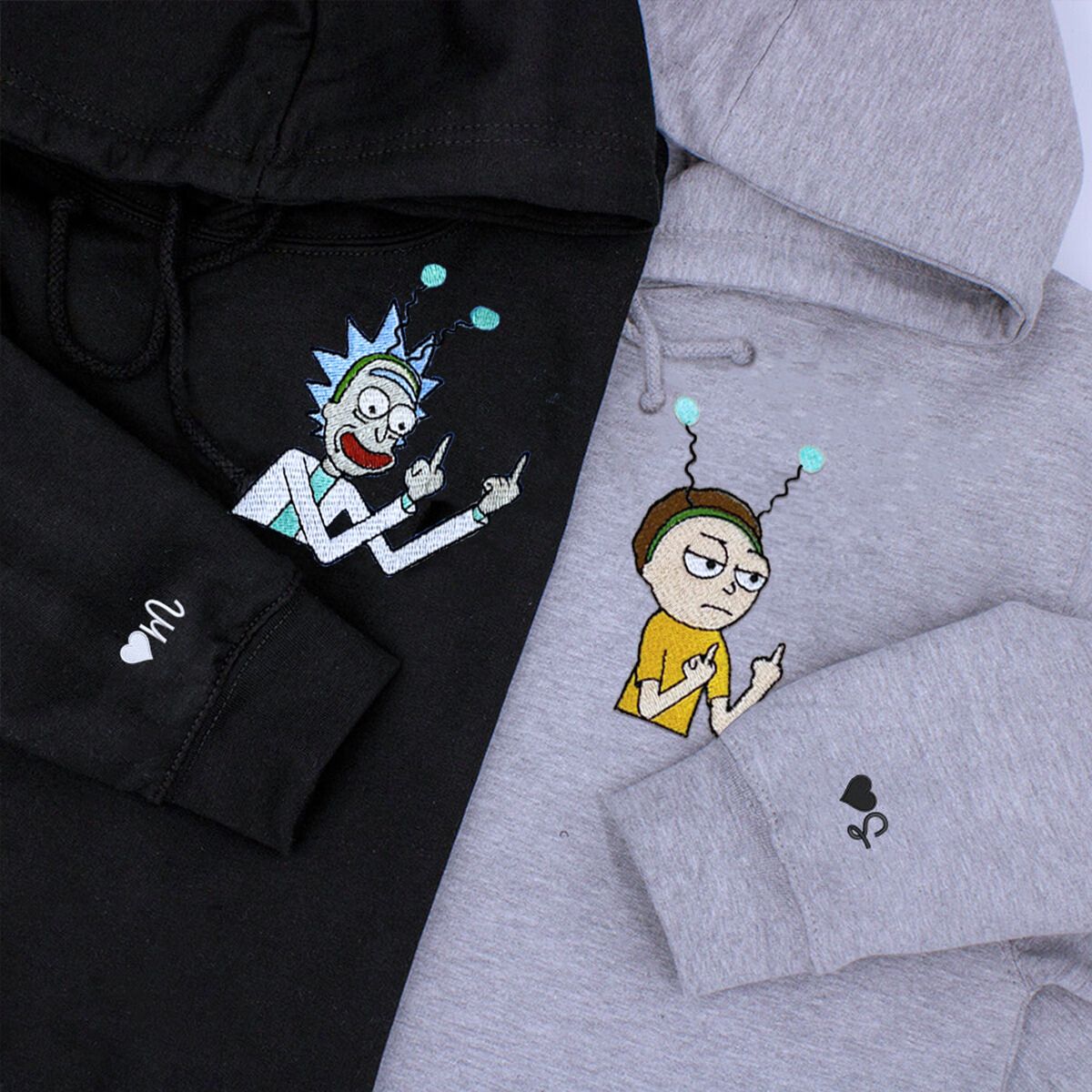 Custom Embroidered Hoodies & Sweatshirts for Couples with Initials, Bold Sci-Fi Cartoon Duo Set