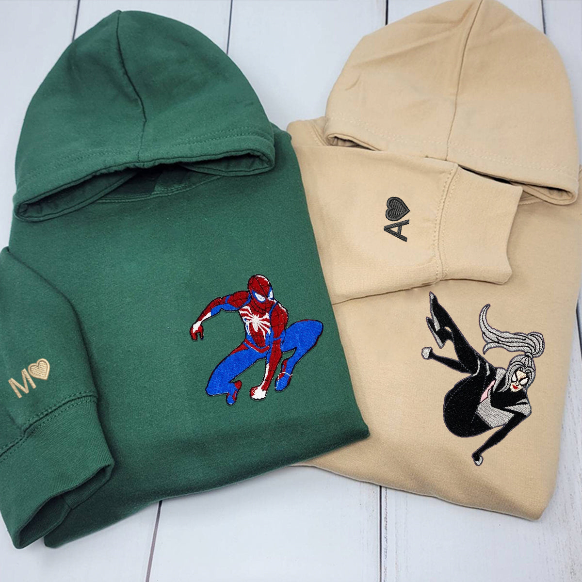 Custom Embroidered Hoodies & Sweatshirts for Couples with Initials, Cartoon Hero & Heroine Matching Set