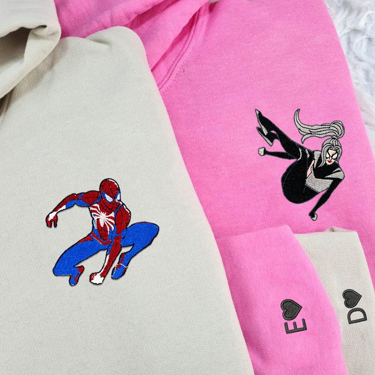 Custom Embroidered Hoodies & Sweatshirts for Couples with Initials, Cartoon Hero & Heroine Matching Set