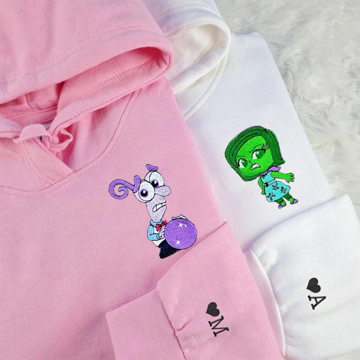 Custom Embroidered Hoodies & Sweatshirts for Couples with Initials, Colorful Emotion-Inspired Cartoon Duo Set