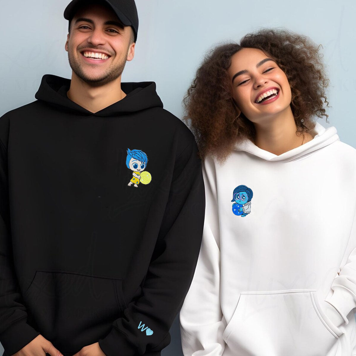 Custom Embroidered Hoodies & Sweatshirts for Couples with Initials, Colorful Emotion-Inspired Cartoon Duo Set V2