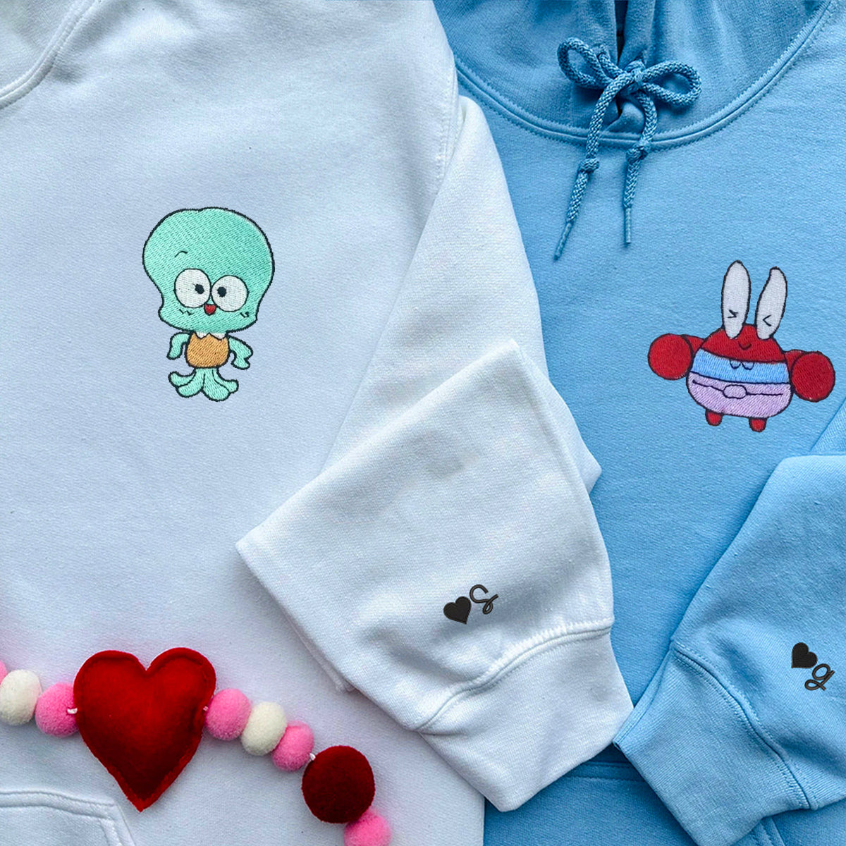 Custom Embroidered Hoodies & Sweatshirts for Couples with Initials, Cute Ocean-Inspired Cartoon Character Duo Set