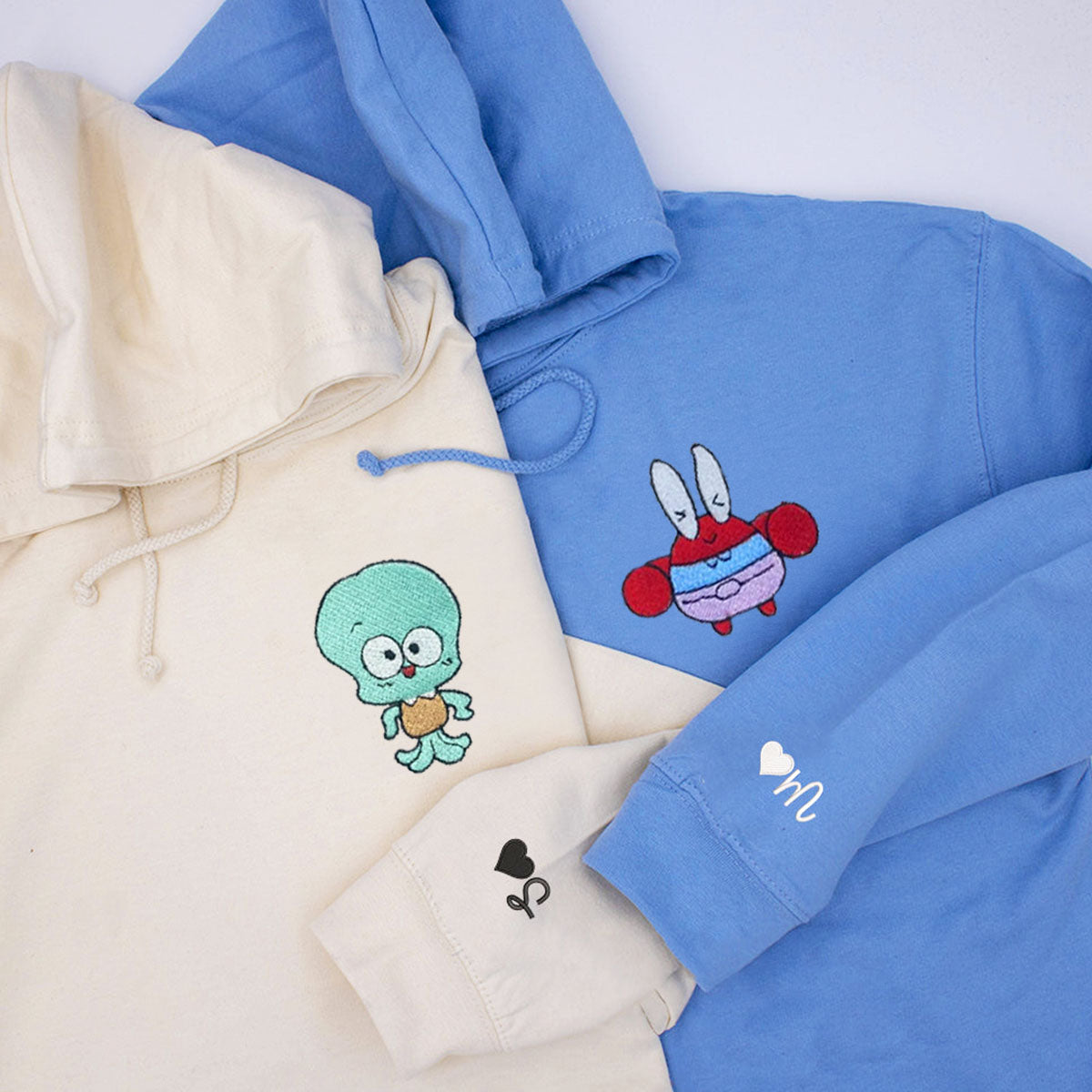 Custom Embroidered Hoodies & Sweatshirts for Couples with Initials, Cute Ocean-Inspired Cartoon Character Duo Set