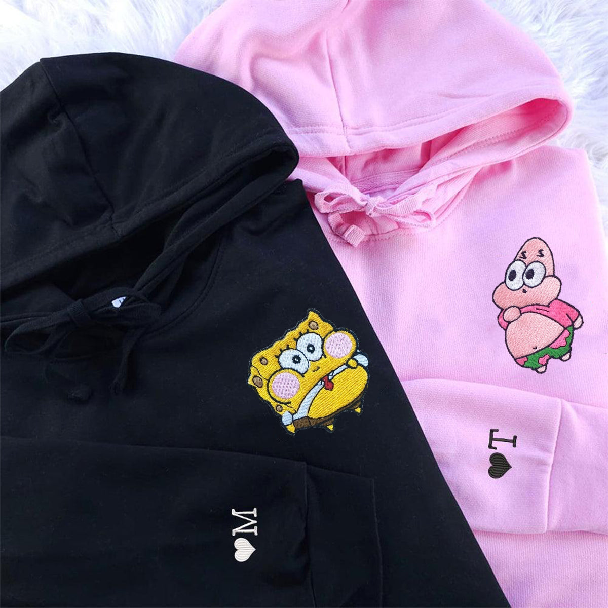 Custom Embroidered Hoodies & Sweatshirts for Couples with Initials, Cute Ocean-Inspired Cartoon Character Duo Set V2