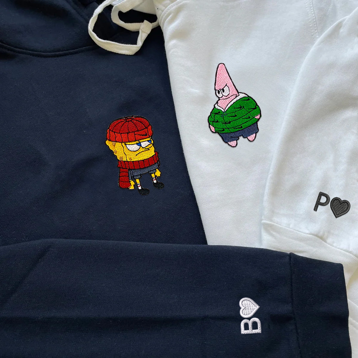 Custom Embroidered Hoodies & Sweatshirts for Couples with Initials, Cute Sea Friends in Winter Outfits Design