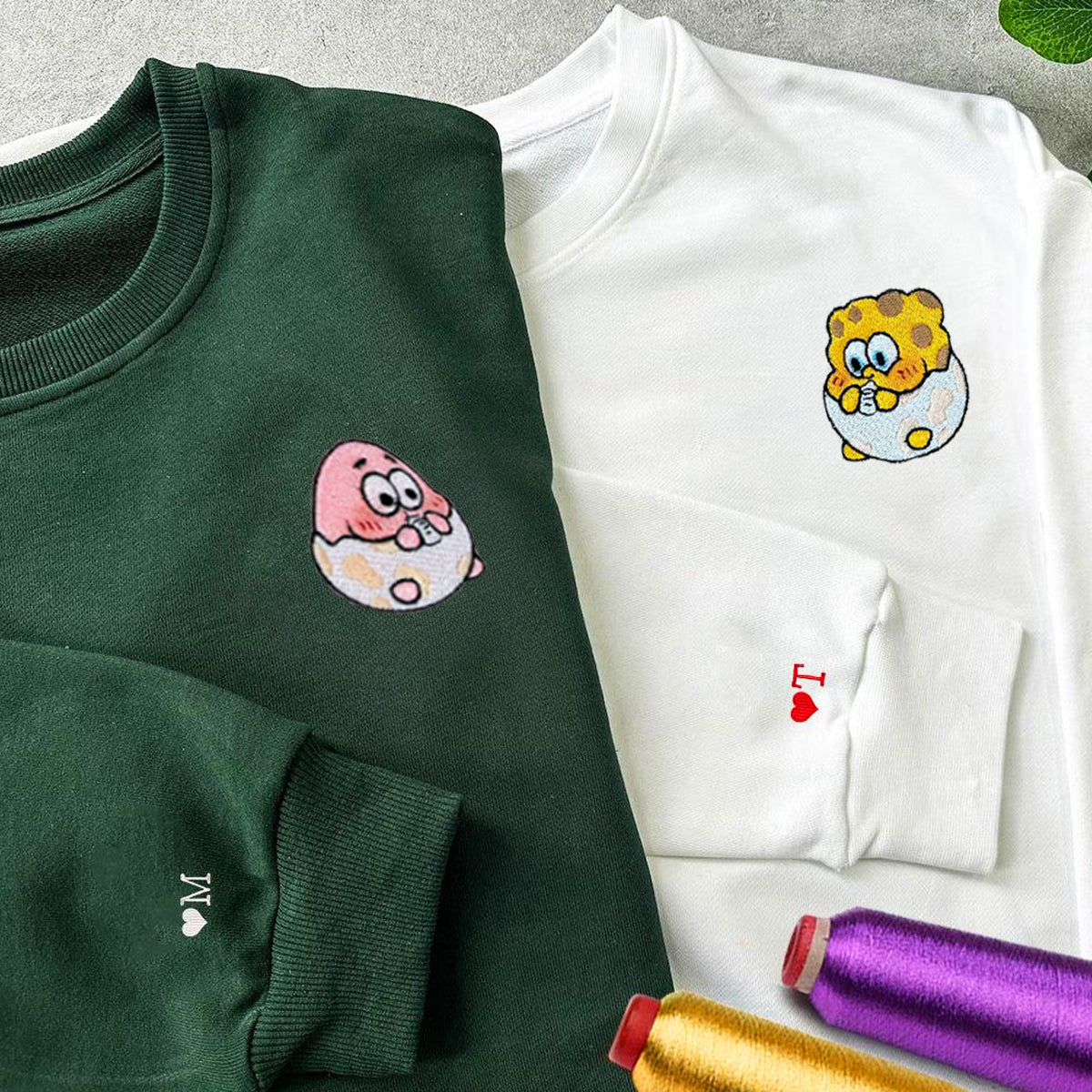 Custom Embroidered Hoodies & Sweatshirts for Couples with Initials, Funny Eggshell Cartoon Couple Matching Set