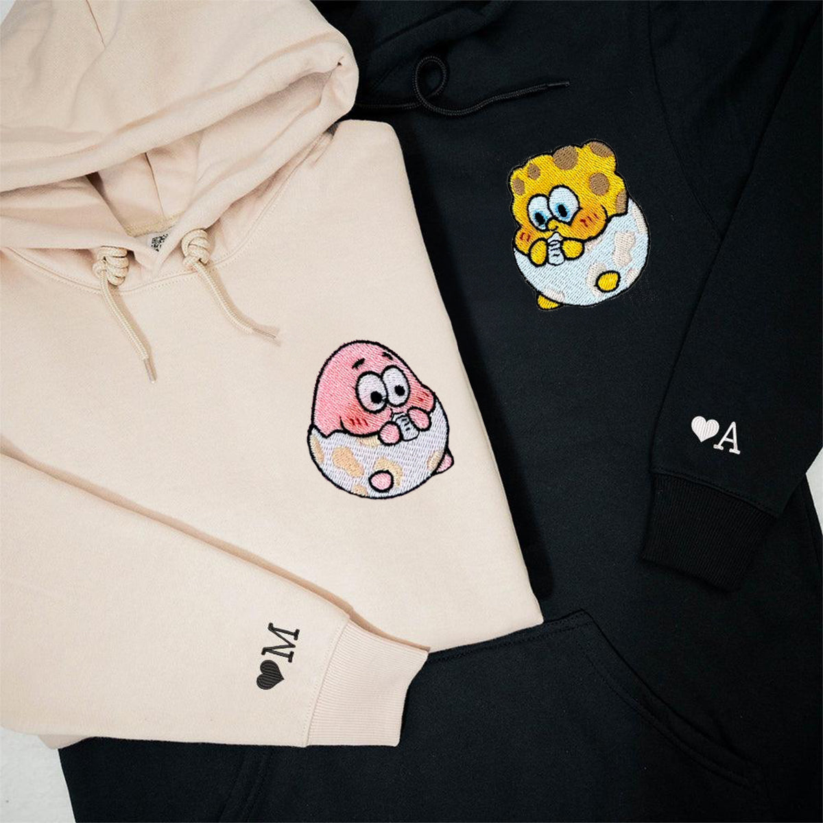Custom Embroidered Hoodies & Sweatshirts for Couples with Initials, Funny Eggshell Cartoon Couple Matching Set