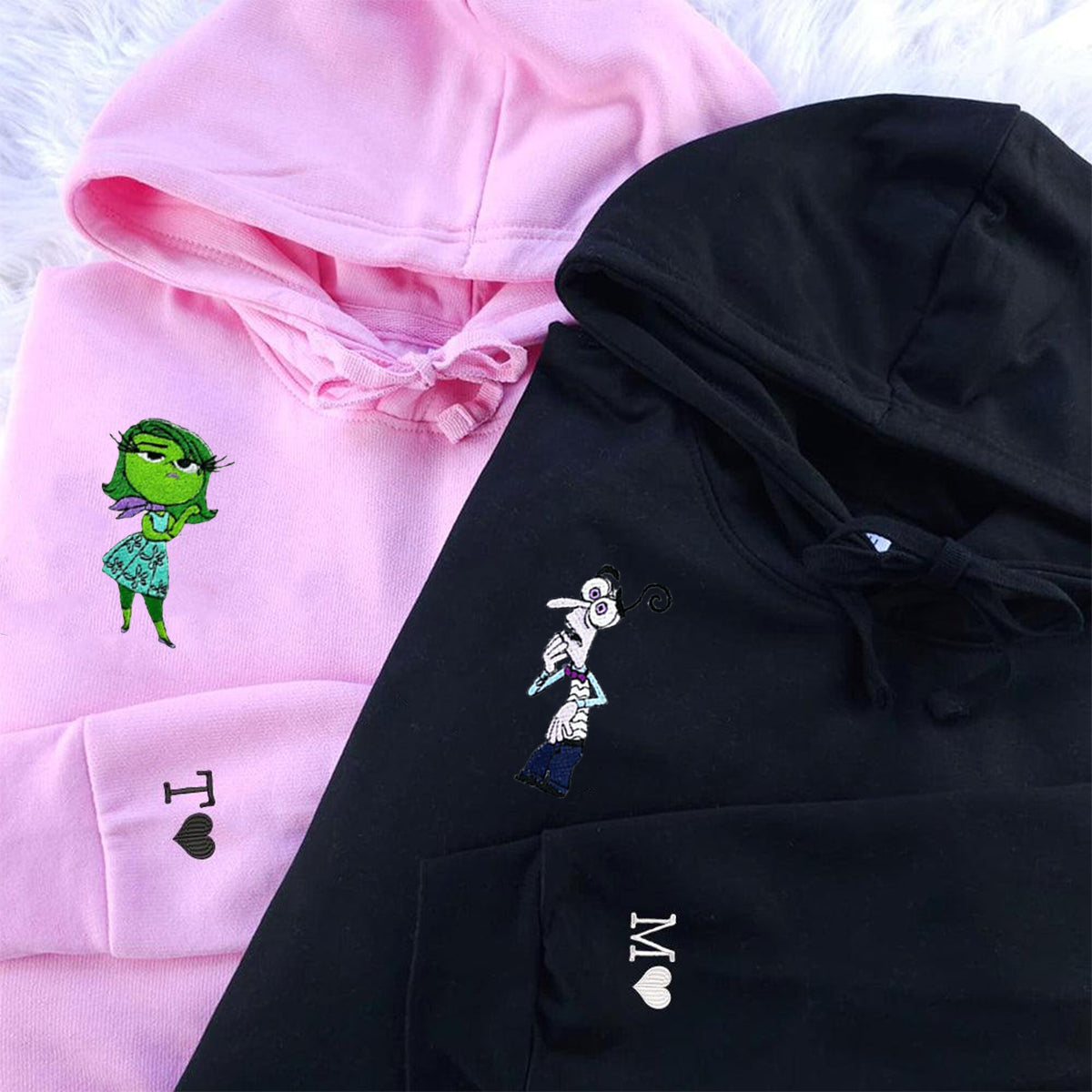 Custom Embroidered Hoodies & Sweatshirts for Couples with Initials, Funny Emotion-Themed Cartoon Duo Matching Set