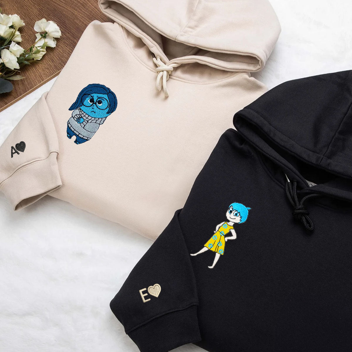 Custom Embroidered Hoodies & Sweatshirts for Couples with Initials, Funny Emotion-Themed Cartoon Duo Matching Set V2