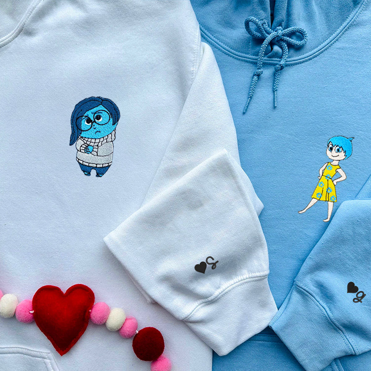 Custom Embroidered Hoodies & Sweatshirts for Couples with Initials, Funny Emotion-Themed Cartoon Duo Matching Set V2
