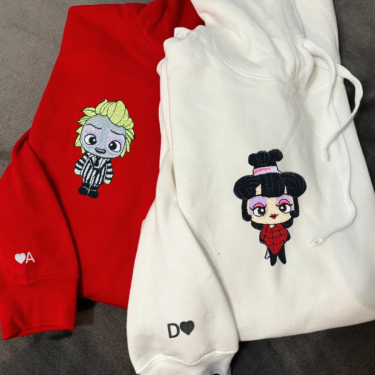 Custom Embroidered Hoodies & Sweatshirts for Couples with Initials, Halloween-Inspired Cute Couple Embroidery