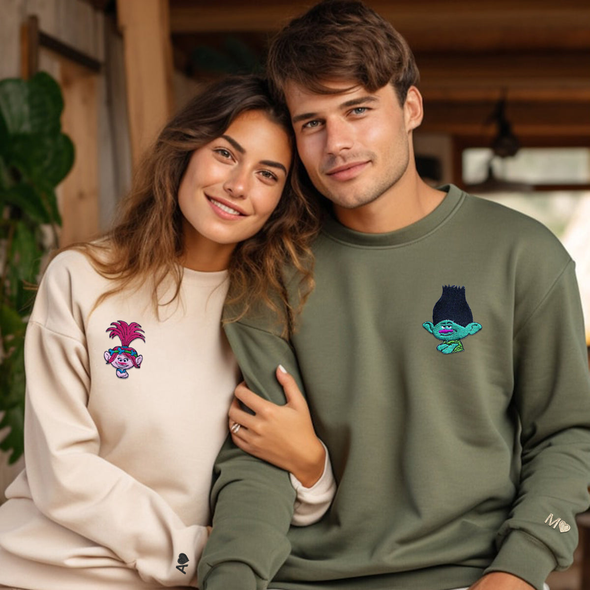 Custom Embroidered Hoodies & Sweatshirts for Couples with Initials, Happy Forest-Inspired Character Pair