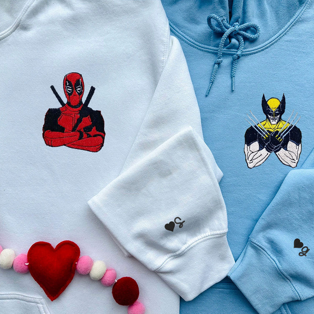 Custom Embroidered Hoodies & Sweatshirts for Couples with Initials, Heroic Action Cartoon Character Pair
