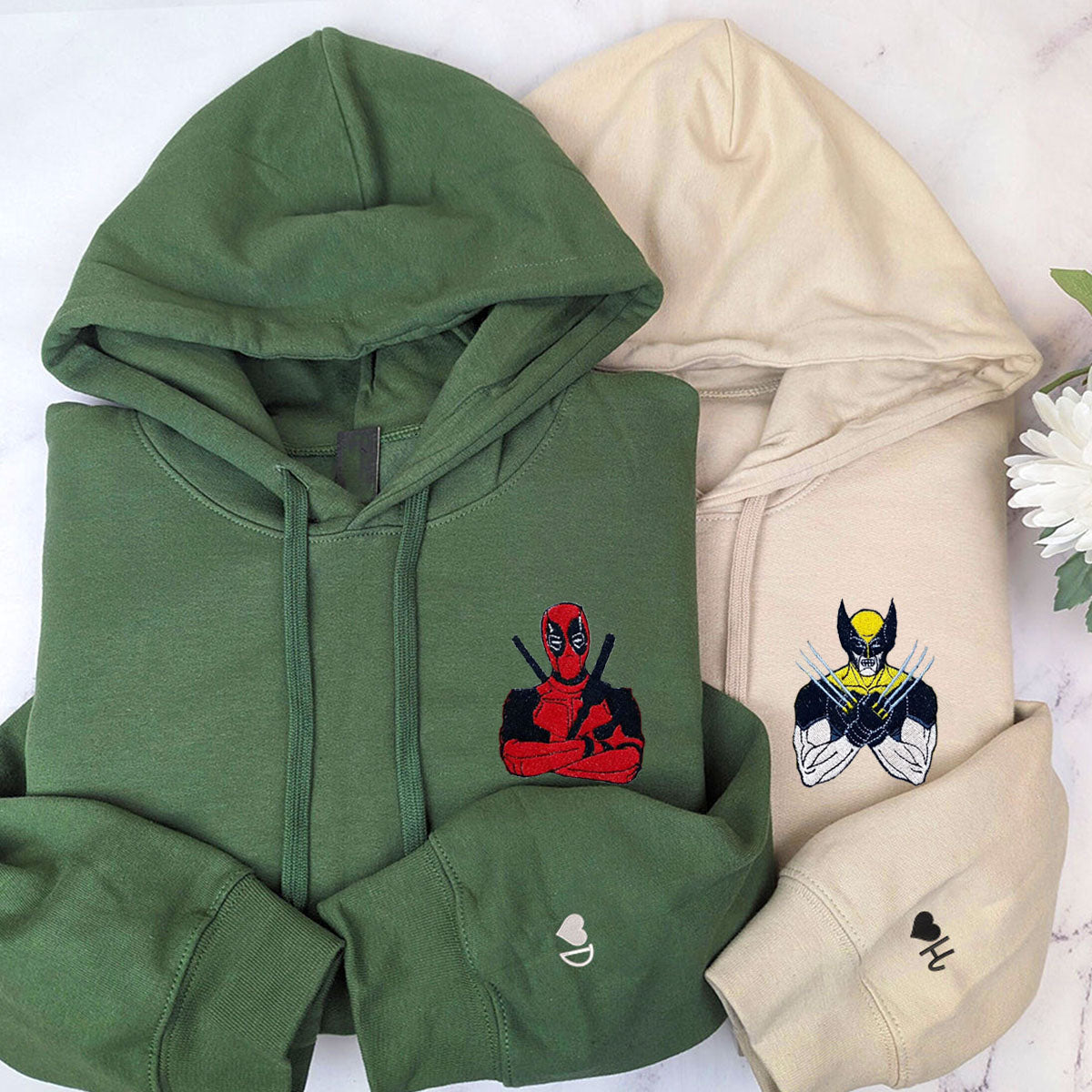 Custom Embroidered Hoodies & Sweatshirts for Couples with Initials, Heroic Action Cartoon Character Pair