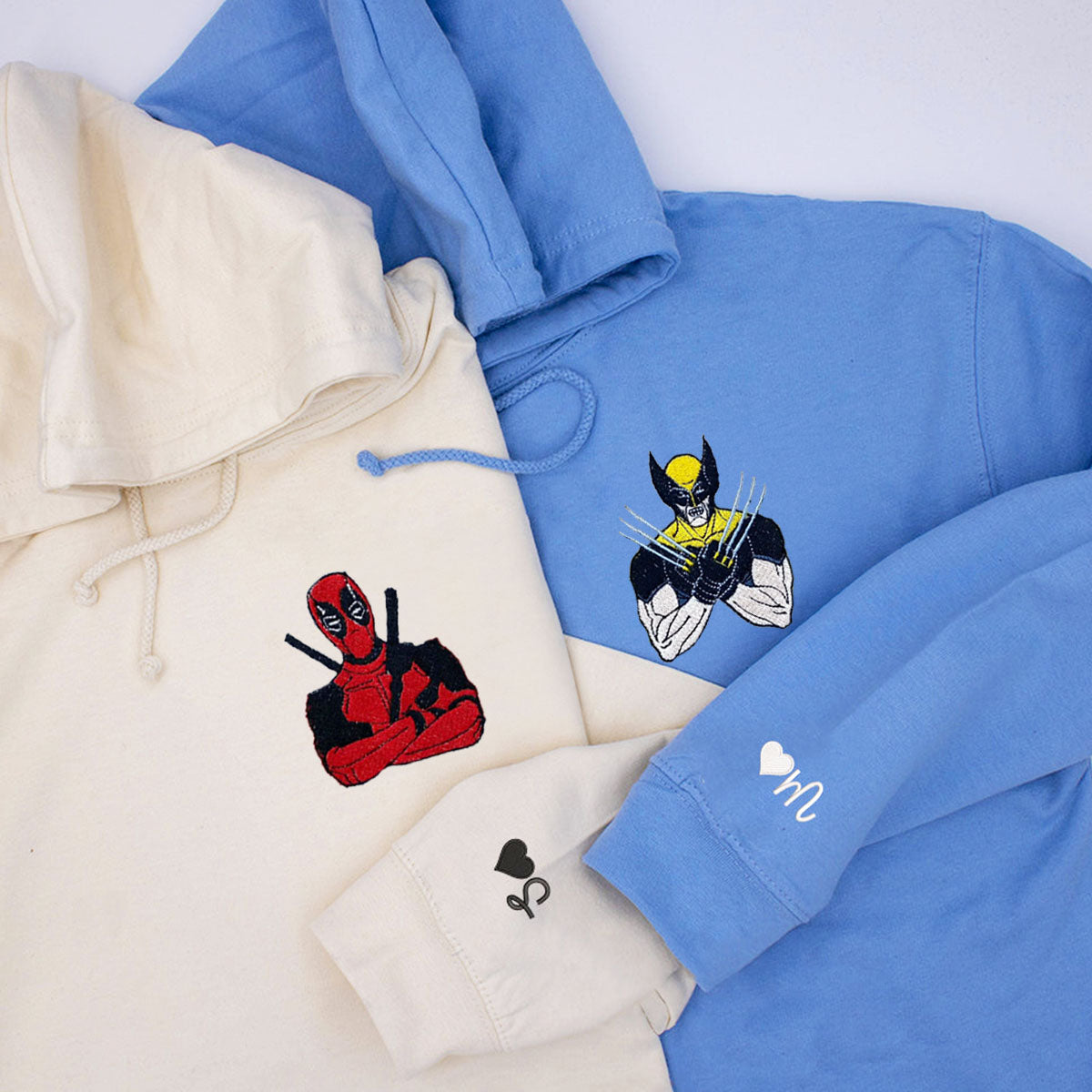 Custom Embroidered Hoodies & Sweatshirts for Couples with Initials, Heroic Action Cartoon Character Pair