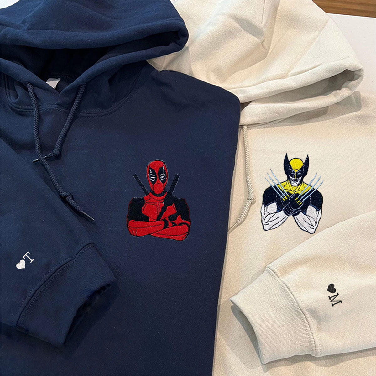 Custom Embroidered Hoodies & Sweatshirts for Couples with Initials, Heroic Action Cartoon Character Pair