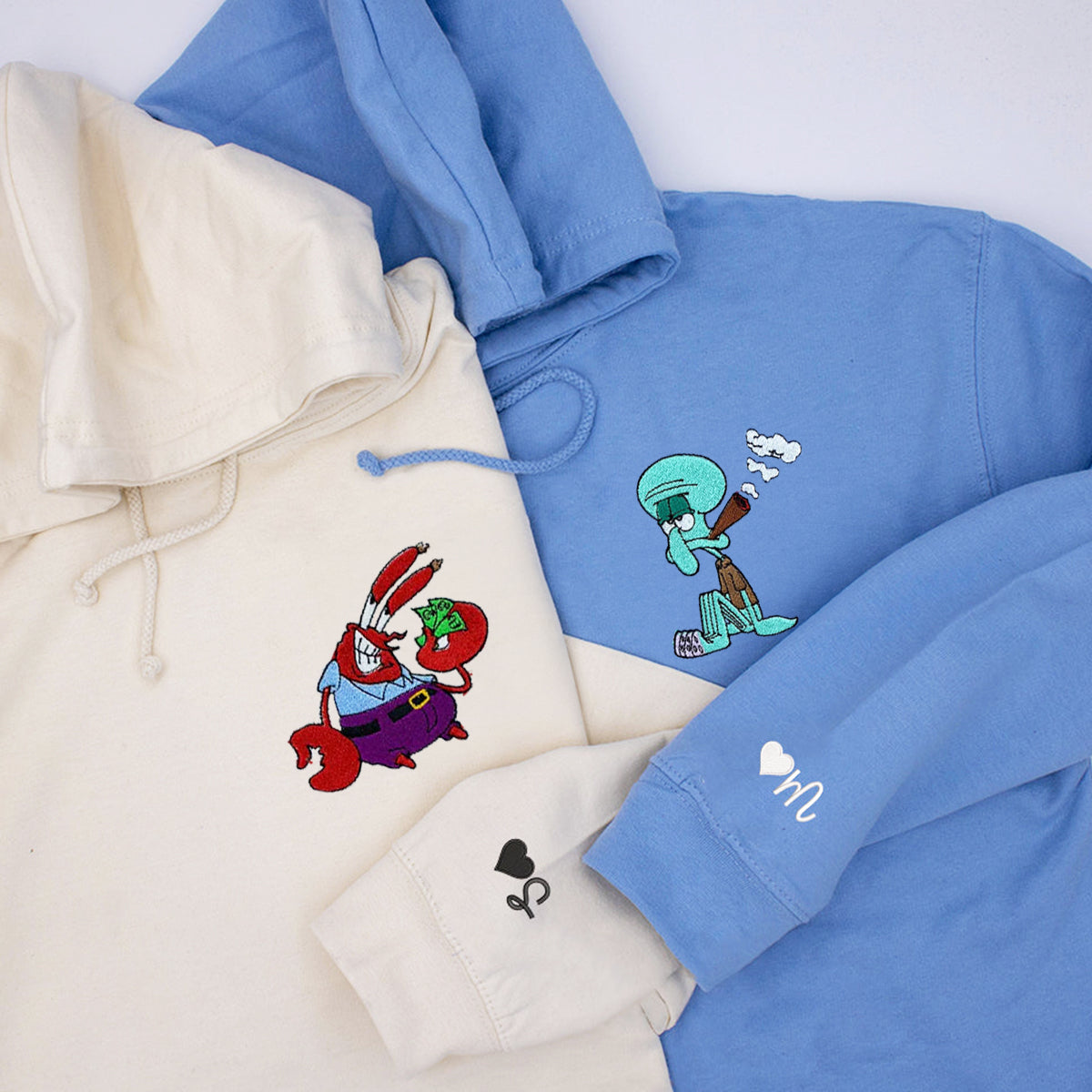Custom Embroidered Hoodies & Sweatshirts for Couples with Initials, Humorous Sea Creature Cartoon Couple Design