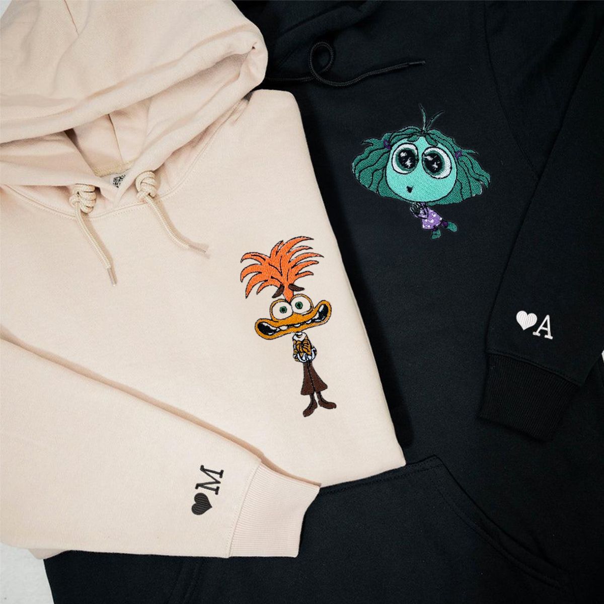 Custom Embroidered Hoodies & Sweatshirts for Couples with Initials, Playful Animation-Inspired Couple Set