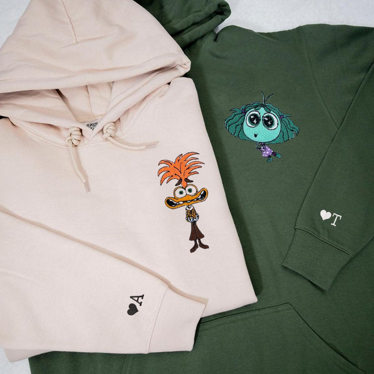 Custom Embroidered Hoodies & Sweatshirts for Couples with Initials, Playful Animation-Inspired Couple Set