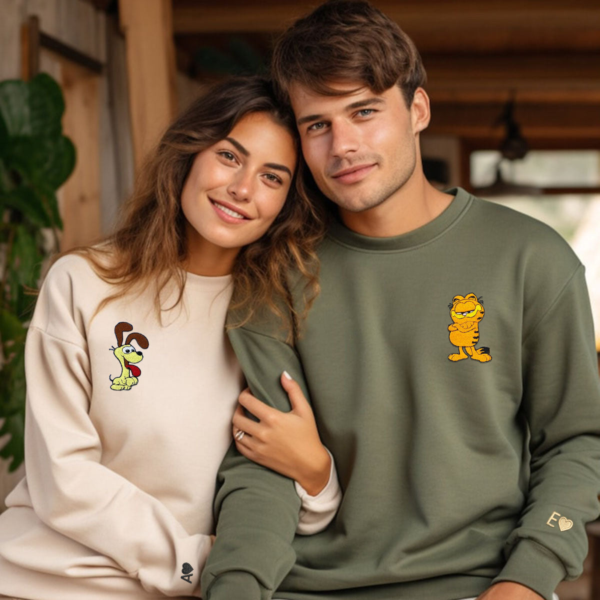 Custom Embroidered Hoodies & Sweatshirts for Couples with Initials, Playful Cat & Dog Duo Embroidery Set