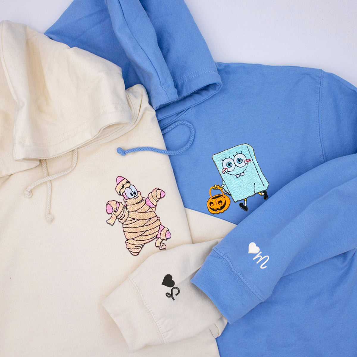 Custom Embroidered Hoodies & Sweatshirts for Couples with Initials, Playful Halloween Costume Friends Set