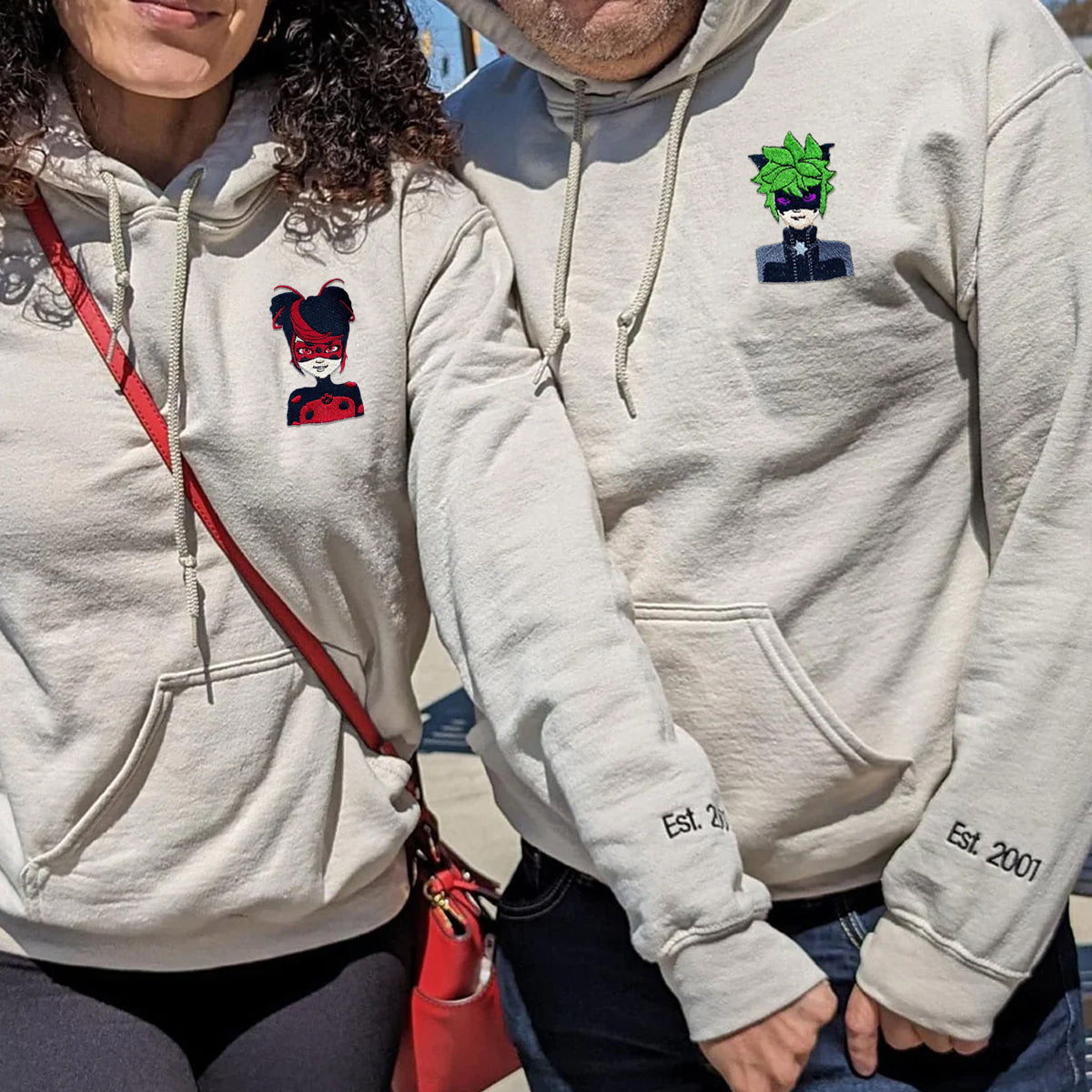 Custom Embroidered Hoodies & Sweatshirts for Couples with Initials, Red & Green Masked Hero Pair Set