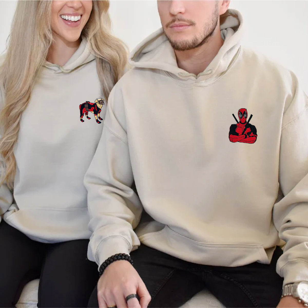 Custom Embroidered Hoodies & Sweatshirts for Couples with Initials, Red Masked Hero & Pup Matching Set